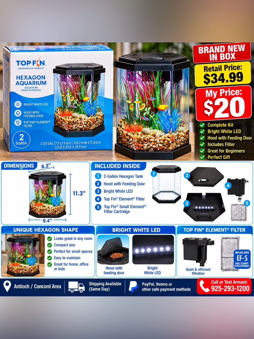 Brand New Top Fin 2 Gallon Hexagon Aquarium